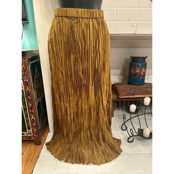EILEEN FISHER BRONZE CRUSHED SILK PLEATED MAXI SKIRT XS - Picture 1 of 5